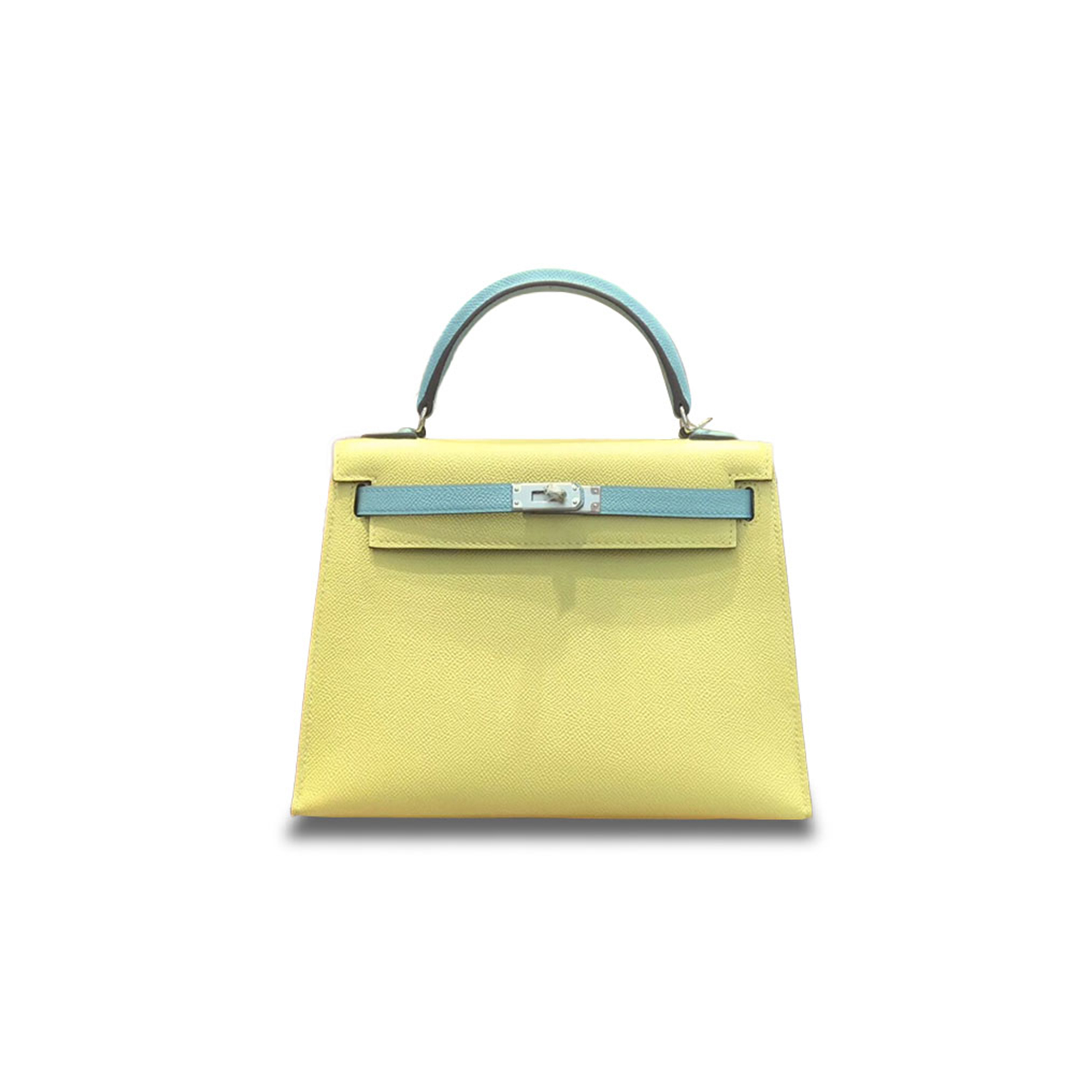 HERMÈS MASTER KELLY 28 EPSOM CHICK YELLOW AND MACARON BLUE SILVER BUCKLE (28*22*10cm)